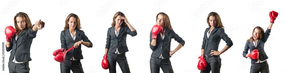 Young woman with boxing gloves isolated on white Young woman with boxing gloves isolated on white