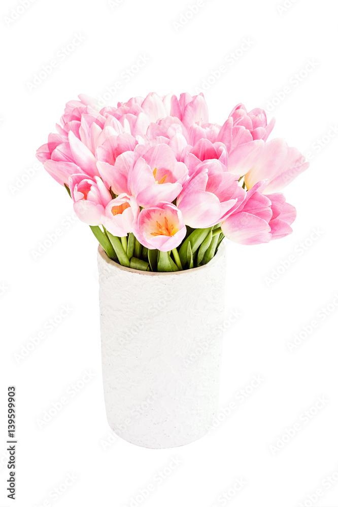 Pink tulips bouquet in old white vase. Isolated over white background 