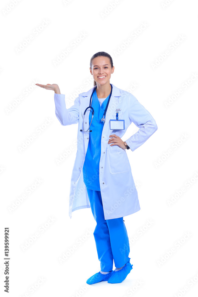 A portrait of a female doctor pointing isolated on white background A portrait of a female doctor pointing isolated on white background