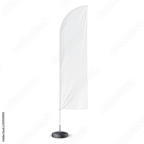 Outdoor Feather Flag With Ground Fillable Water Base Stand. Banner Shield Mock Up, Template. Illustration Isolated On White Background. Ready For Your Design. Product Advertising. Vector