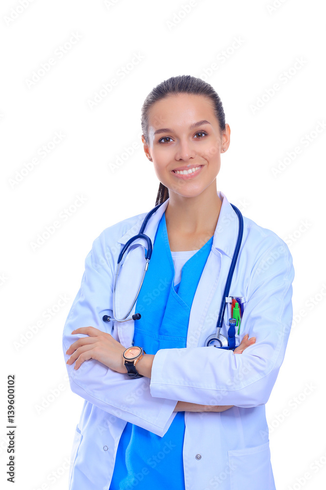 Woman doctor with stethoscope standing with arms crossed isolated on a white background Woman doctor with stethoscope standing with arms crossed isolated on a white background
