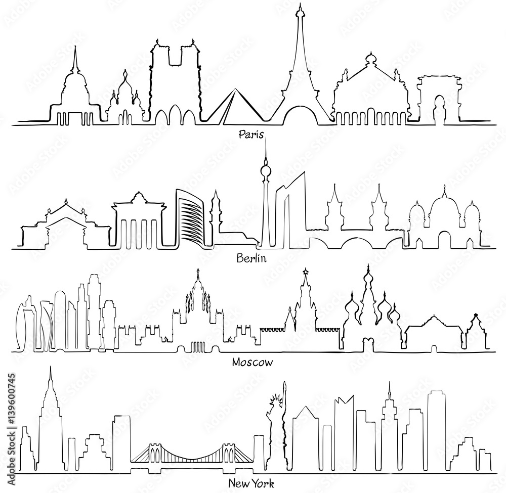 Set of vector cities silhouette (Paris, Berlin, Moscow and New York)