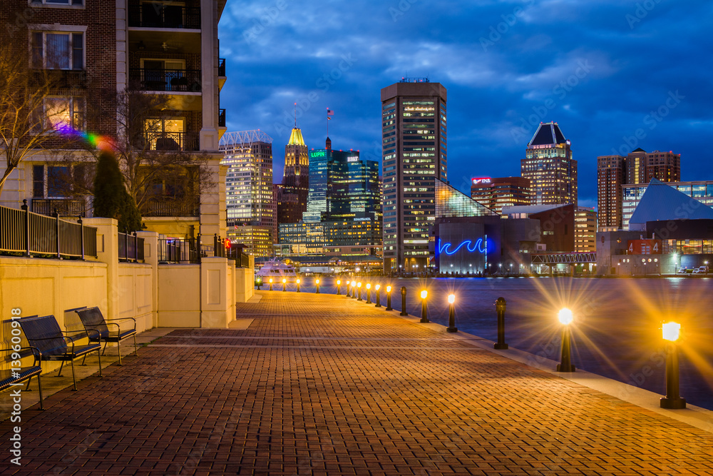 The Waterfront Promenade and Baltimore skyline seen at the Inner Harbor, in Baltimore, Maryland.