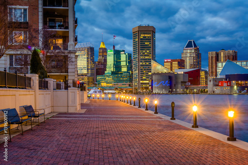 The Waterfront Promenade and Baltimore skyline seen at the Inner Harbor, in Baltimore, Maryland.