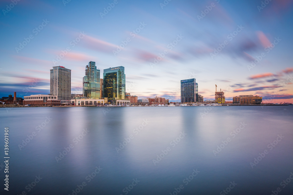 View of Harbor East at sunset, in Baltimore, Maryland.