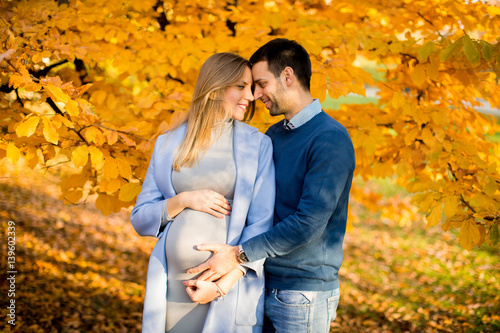 Young  pregnant woman and her husband in the autumn park