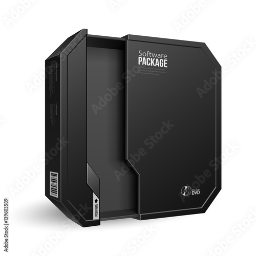 Opened Octagon Modern Black Software Package Box. Mock Up, Template. Illustration Isolated On White Background. Product Advertising. Vector EPS10
