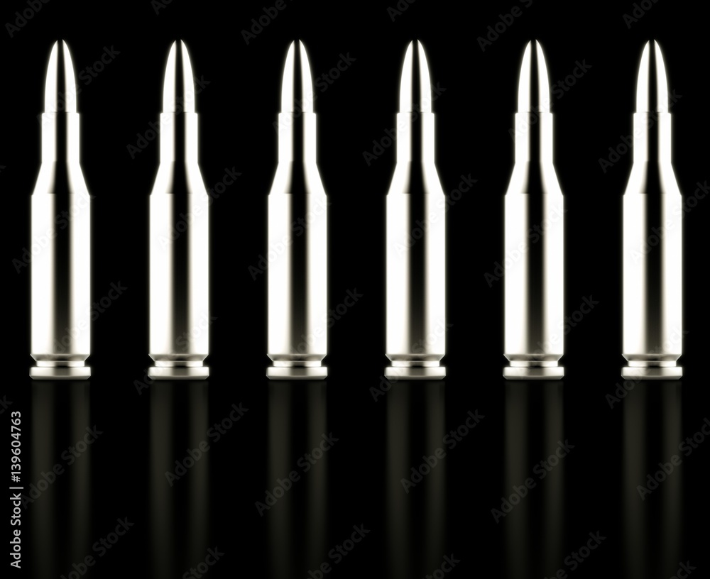 Line of Silver Rifle Rounds on Reflective Black Surface Line of Silver Rifle Rounds on Reflective Black Surface