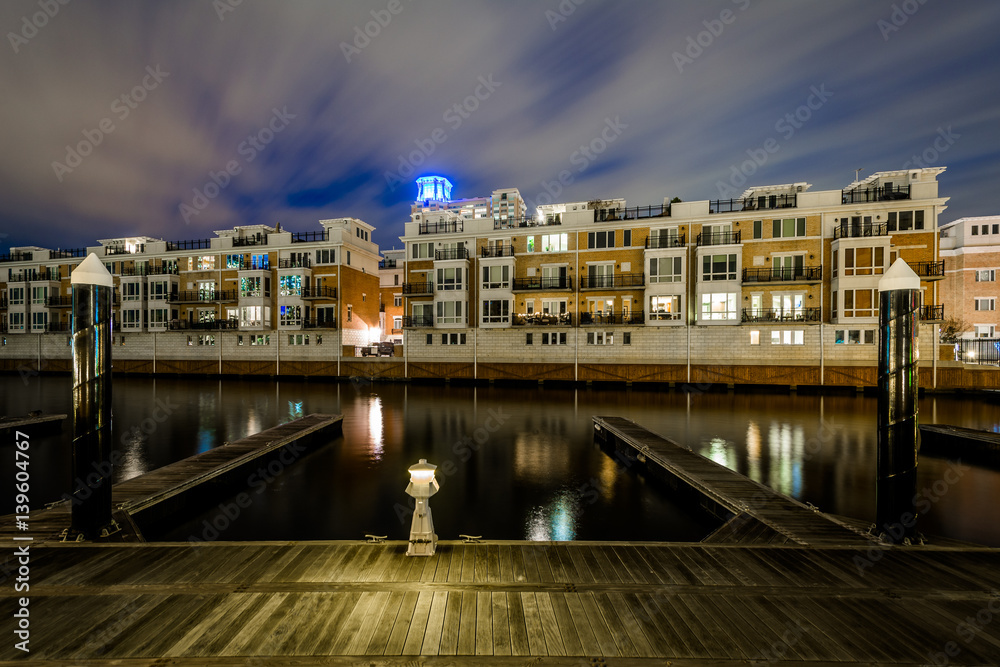 Waterfront residences at night, at the Inner Harbor in Baltimore, Maryland.