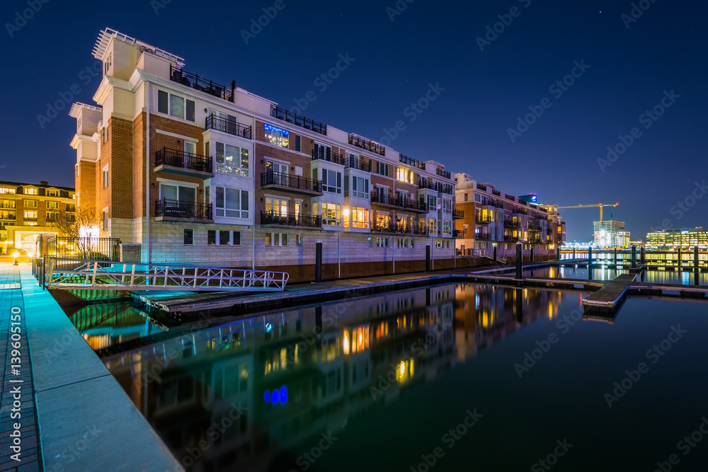 Waterfront residences at the Inner Harbor at night, in Baltimore, Maryland.
