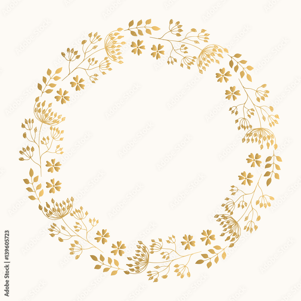 Golden cute round frame. Vector wreath with herbs and leaves. Golden cute round frame. Vector wreath with herbs and leaves.