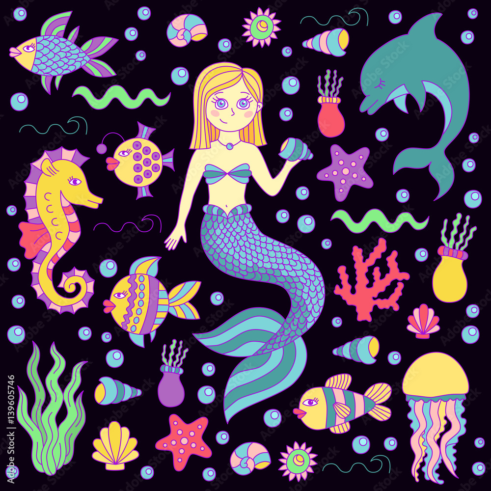 Underwater creatures water plants fish mermaid coral sea ocean doodles vector set