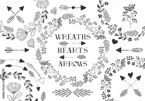 Collection of vector wreaths, laurels, arrows, hearts.