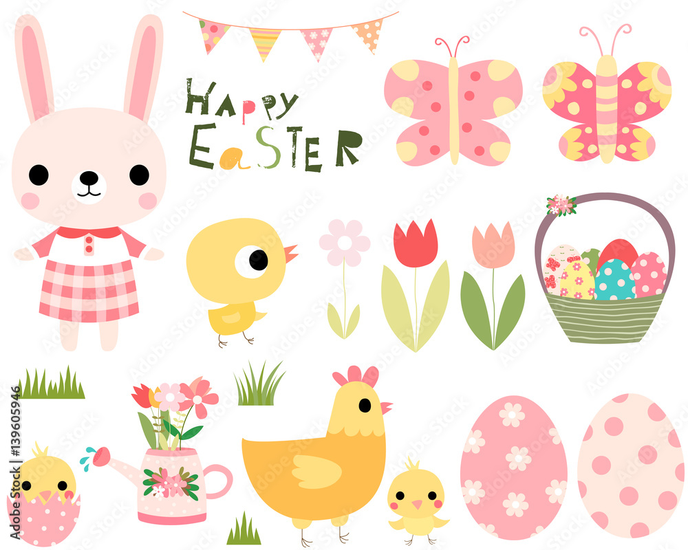 Easter vector set with cute bunny, chicks and hen and design elements for greeting cards, posters, invitations and kids projects Easter vector set with cute bunny, chicks and hen and design elements for greeting cards, posters, invitations and kids projects