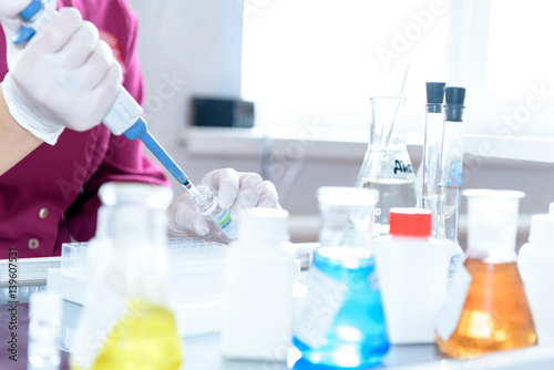 Test-tubes with colorful chemical reagent. Laboratory glassware. Chemical Laboratory