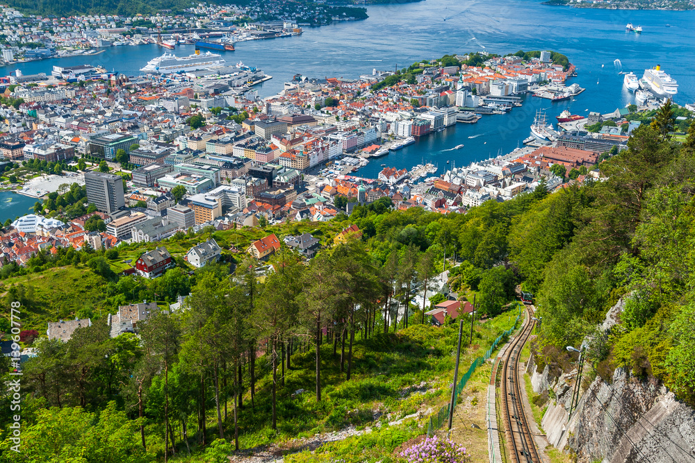 Town of Bergen seen from the mountain of Floyen. The Floibanen is a funicular railway and connects the city centre with the mountain of Floyen. Norway.