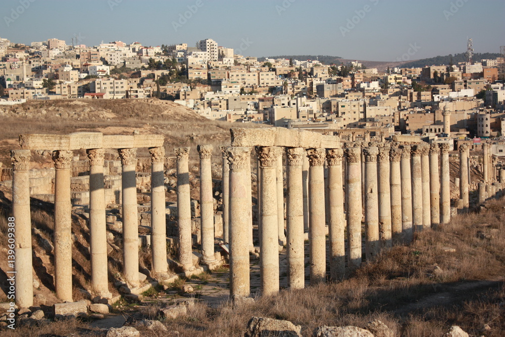 Historic columns in ancient Jerash in Jordan, Middle East
