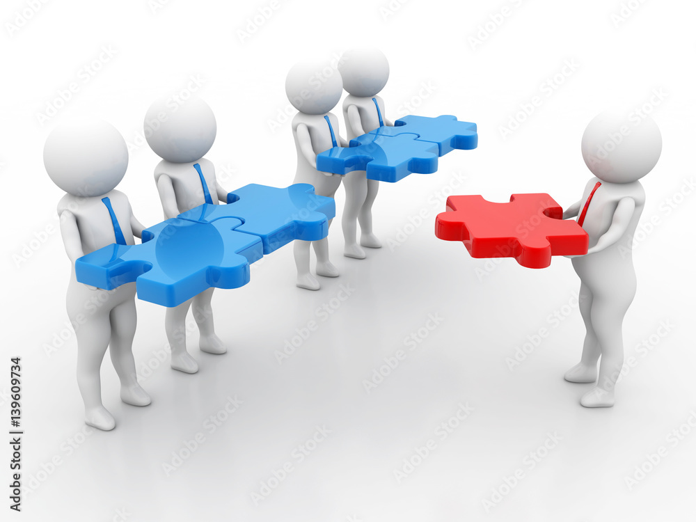 3d small people - team with the puzzles in hands, main part, Isolated white background. 3D rendering 3d small people - team with the puzzles in hands, main part, Isolated white background. 3D rendering
