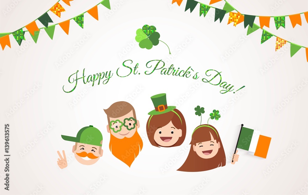 Obraz premium Saint Patrick`s day banner. Happy family with different holiday symbols celebrating St. Patrick's Day, smiling. Holiday and celebration concept. Vector illustration 