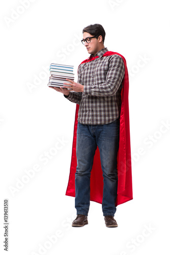 Super hero student with books isolated on white