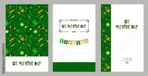 Saint Patrick`s day invitation cards in 80s memphis style. Hipster poster, juicy, bright color background. Vector flat illustration