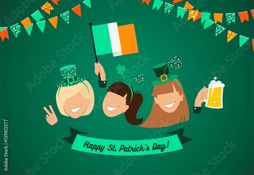 Saint Patrick`s day banner. Group of happy girls with  different holiday symbols celebrating St. Patrick's Day, smiling. Holiday and celebration concept. Vector illustration