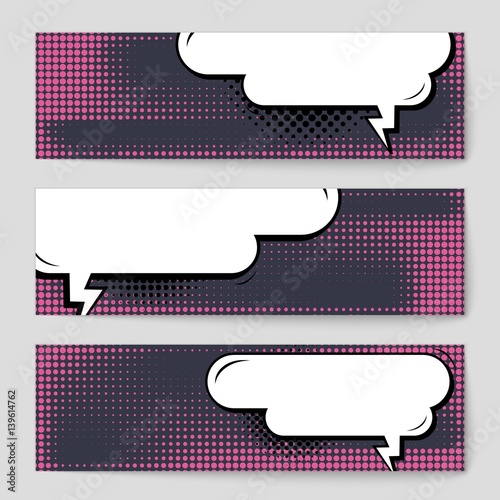 Abstract creative concept vector comic pop art style blank, layout template with clouds beams and isolated dots background. For sale banner, empty speech bubble set, illustration halftone book design.