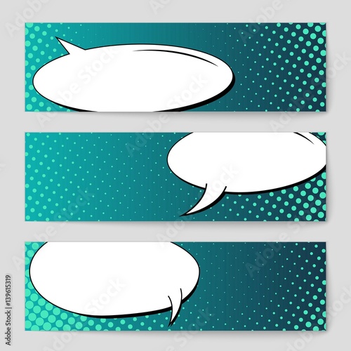 Abstract creative concept vector comic pop art style blank, layout template with clouds beams and isolated dots background. For sale banner, empty speech bubble set, illustration halftone book design.