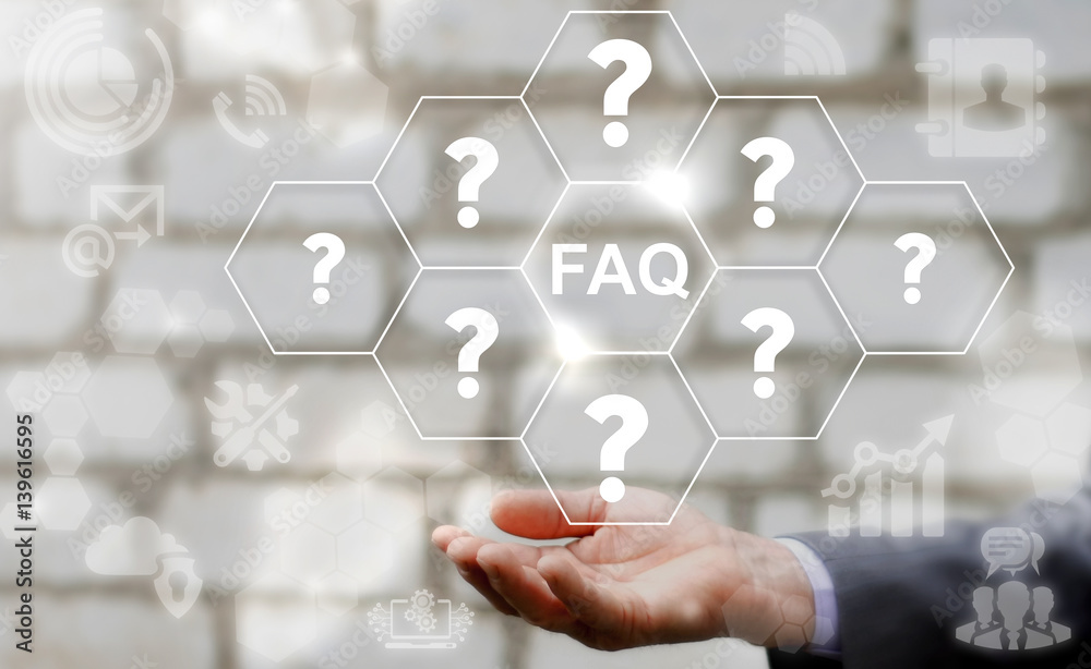 Frequently asked question (FAQ) website service help concept. Hand offer faq word icon on virtual screen. Guide, support, questions and answer (Q&A), discussion technology