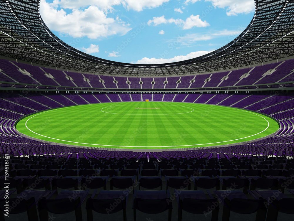 3D render of a round cricket stadium with purple  seats and VIP boxes