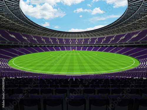 3D render of a round cricket stadium with purple seats and VIP boxes