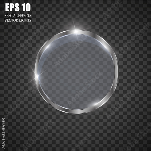 Abstract luxury chrome metal ring. Vector light circles and spark light effect. Sparkling glowing round frame on transparent. Sunny and cheerful background. Glow space for your message
