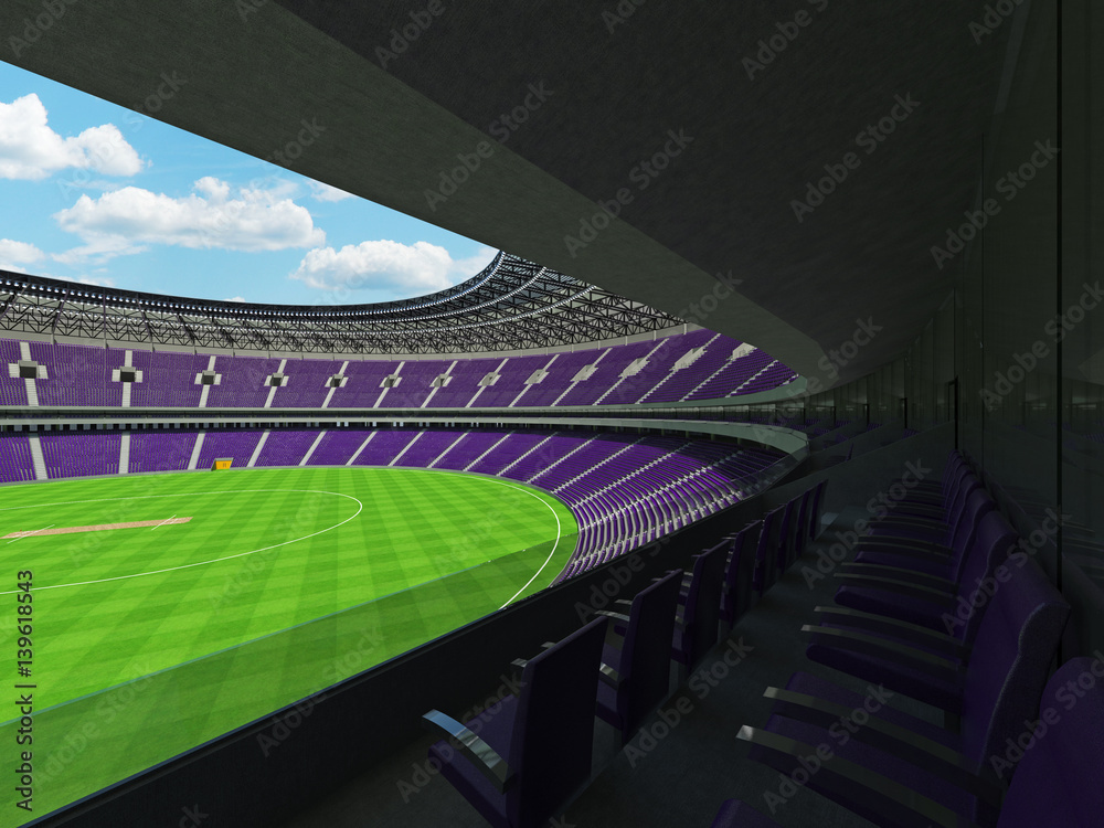 3D render of a round cricket stadium with purple  seats and VIP boxes