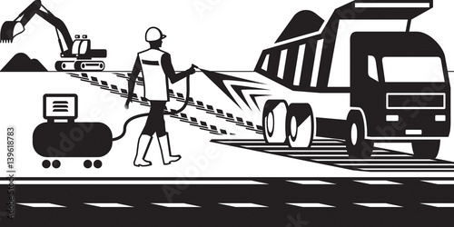 Washing tires of construction truck - vector illustration