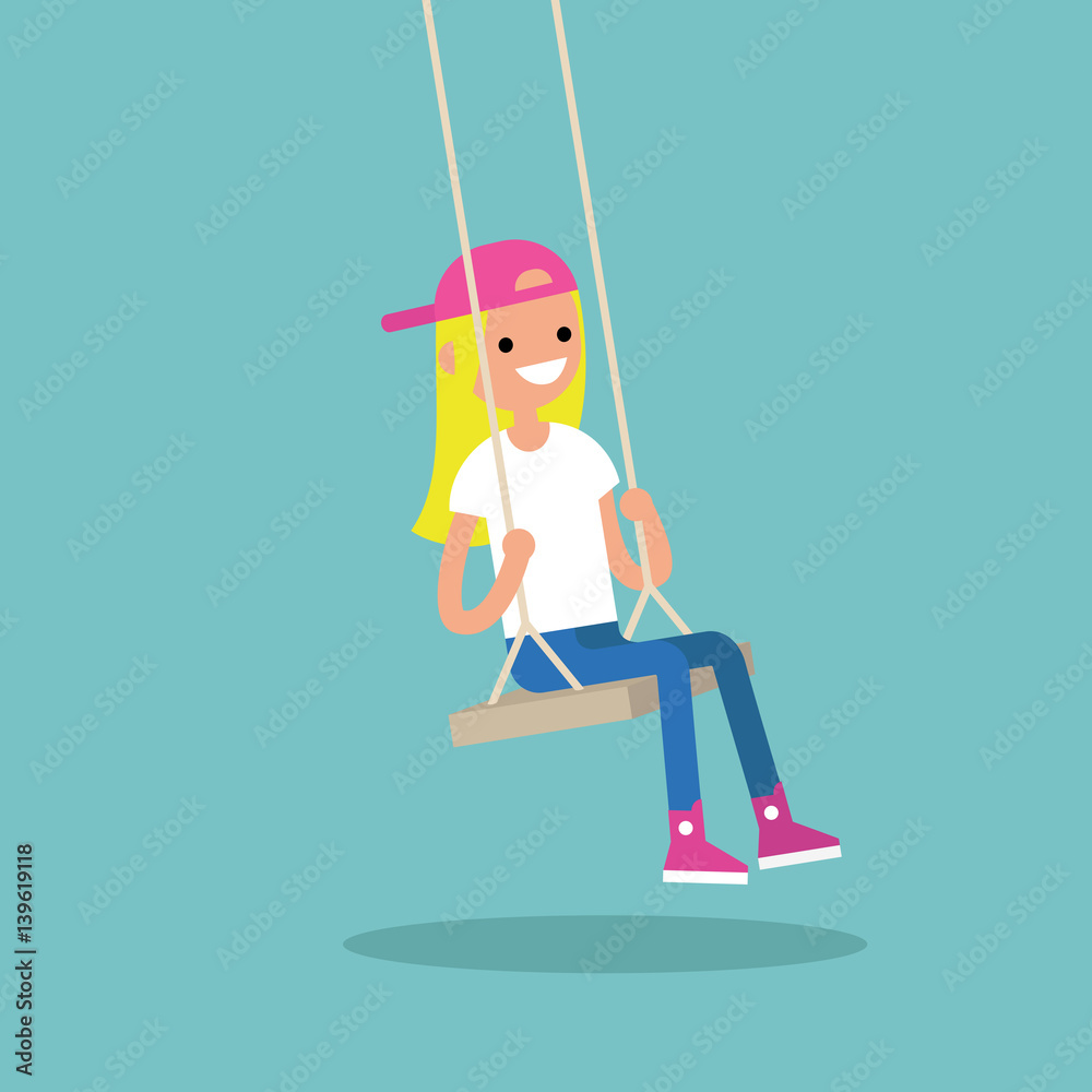 Young blond girl sitting on the swing / editable flat vector illustration Young blond girl sitting on the swing / editable flat vector illustration
