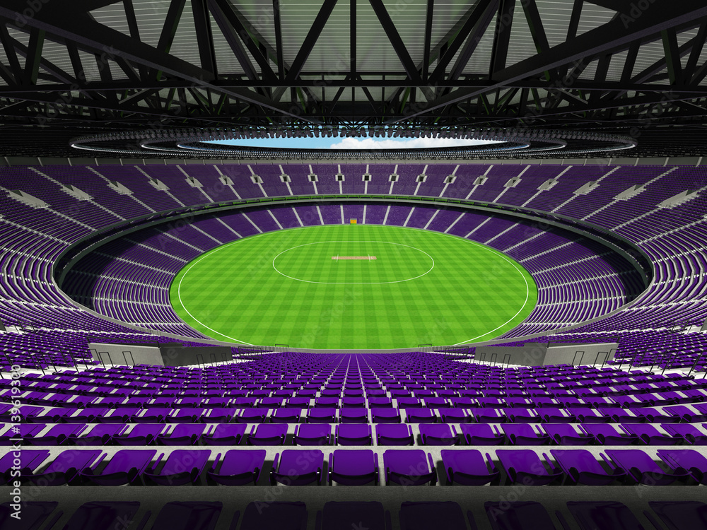 3D render of a round cricket stadium with purple  seats and VIP boxes