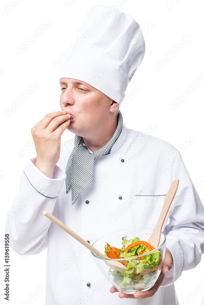 professional chef prepared a delicious salad, showing gesture on a white background professional chef prepared a delicious salad, showing gesture on a white background
