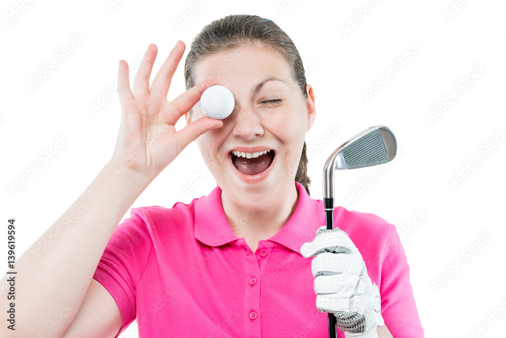 woman golfer funny portrait on a white background in the studio woman golfer funny portrait on a white background in the studio
