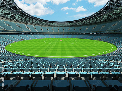 3D render of a round cricket stadium with sky blue seats and VIP boxes