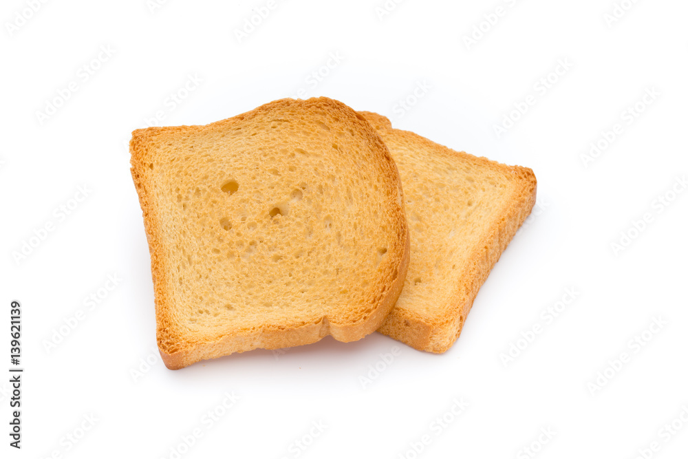 Slices of toast bread on wooden table, top view.