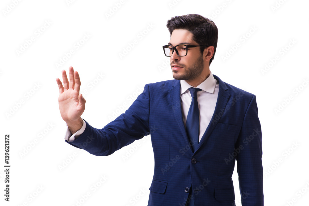 Young businessman pressing virtual buttons isolated on white Young businessman pressing virtual buttons isolated on white