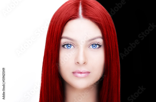 Beautiful woman face close up studio on white background. 