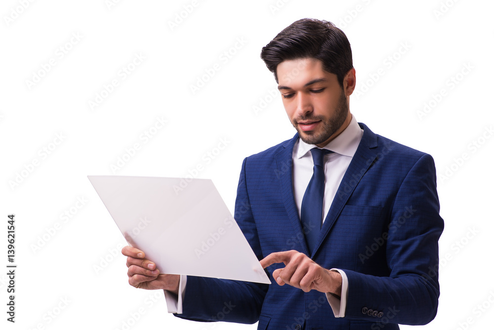 Businessman working on tablet isolated on the white background Businessman working on tablet isolated on the white background