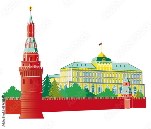 Russian Architecture. Modern flat design. Panorama of Moscow Kremlin. Isolate on white background.