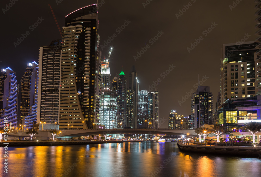 Skyscrapers in Dubai Marina at night. United Arab Emirates