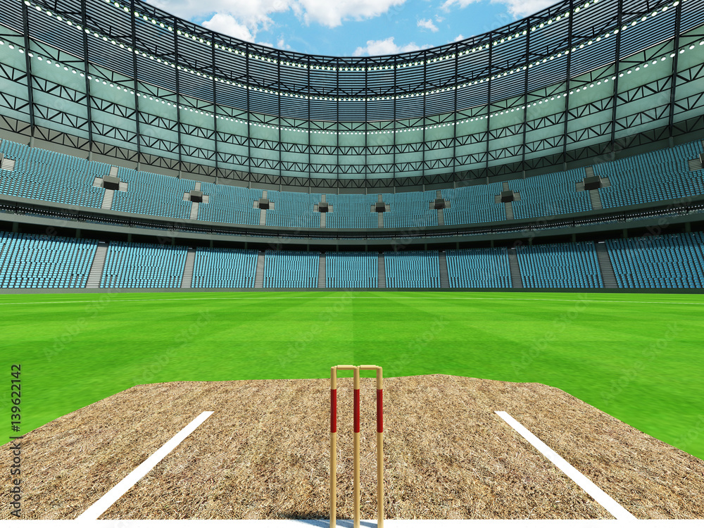 Fototapeta premium 3D render of a round cricket stadium with sky blue seats and VIP boxes