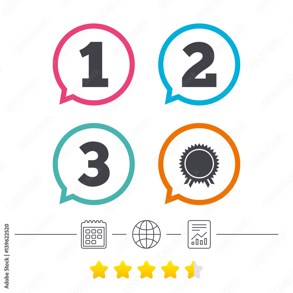 First, second and third place icons. Award medal. First, second and third place icons. Award medal.