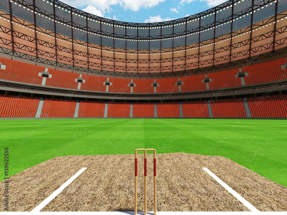 Obraz premium 3D render of a round cricket stadium with orange seats and VIP boxes