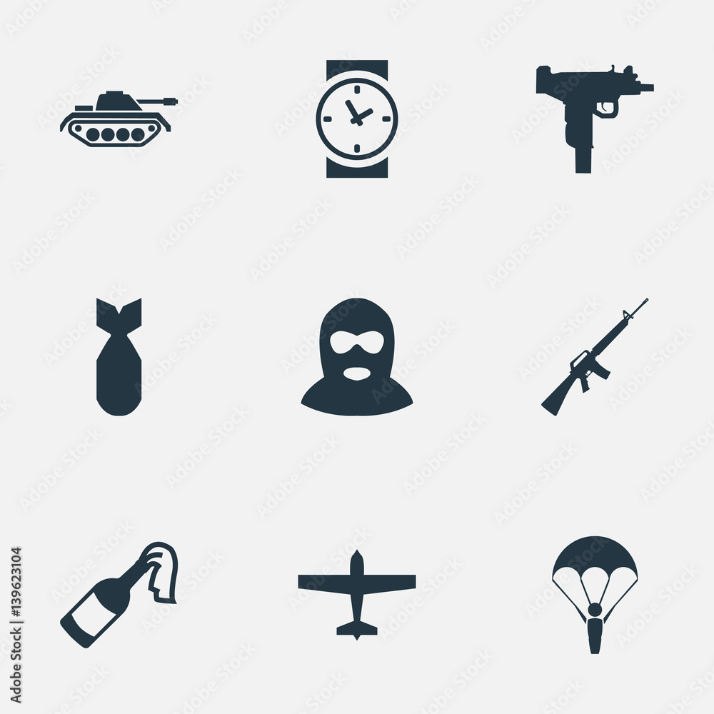 Vector Illustration Set Of Simple Battle Icons. Elements Nuke, Watch