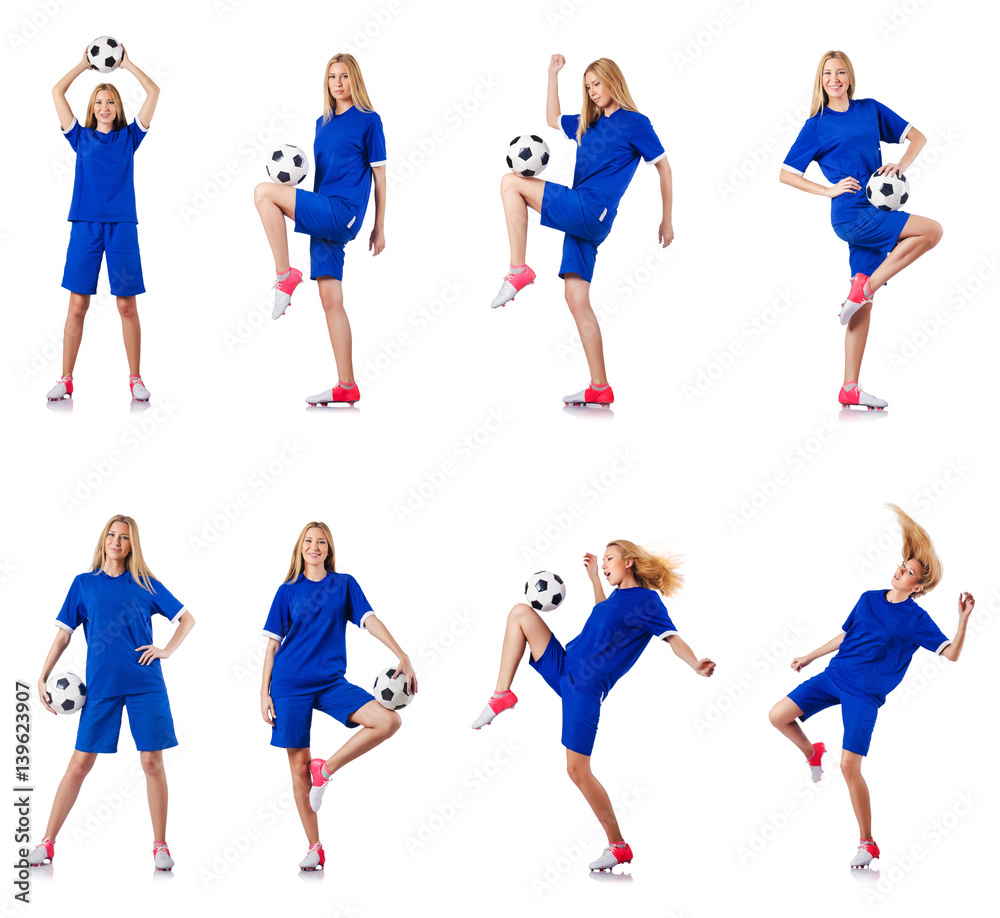 Woman playing football on white Woman playing football on white